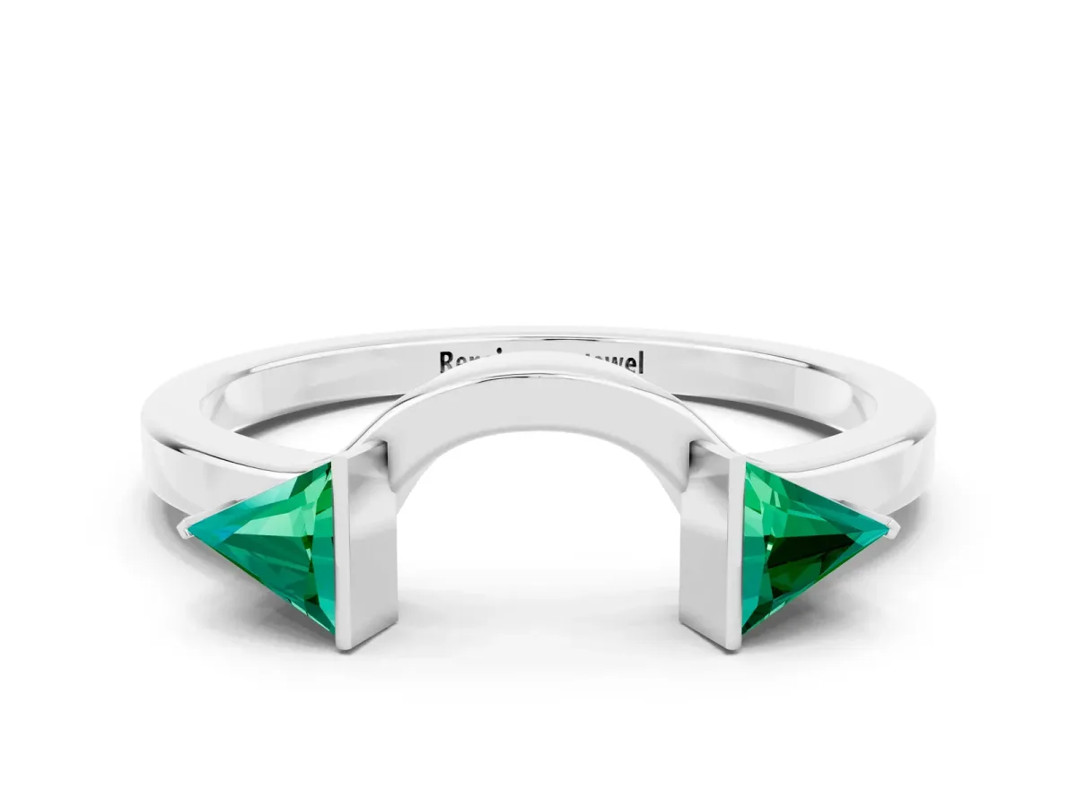 Trillion Emerald Open Band Ring with Bezel Setting Silver