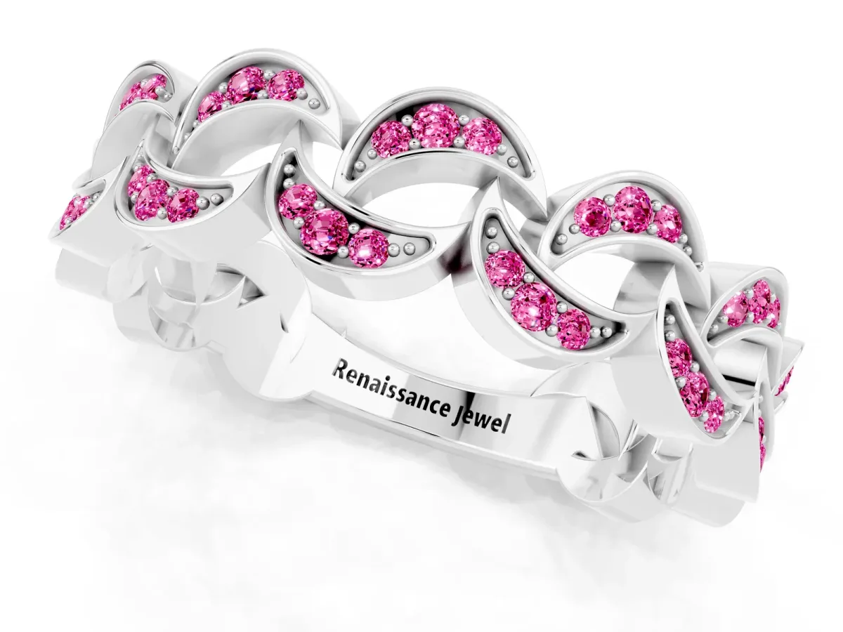 Pavé Round Pink Sapphire Interlocking Eternity Band with Bezel Prong Setting Platinum