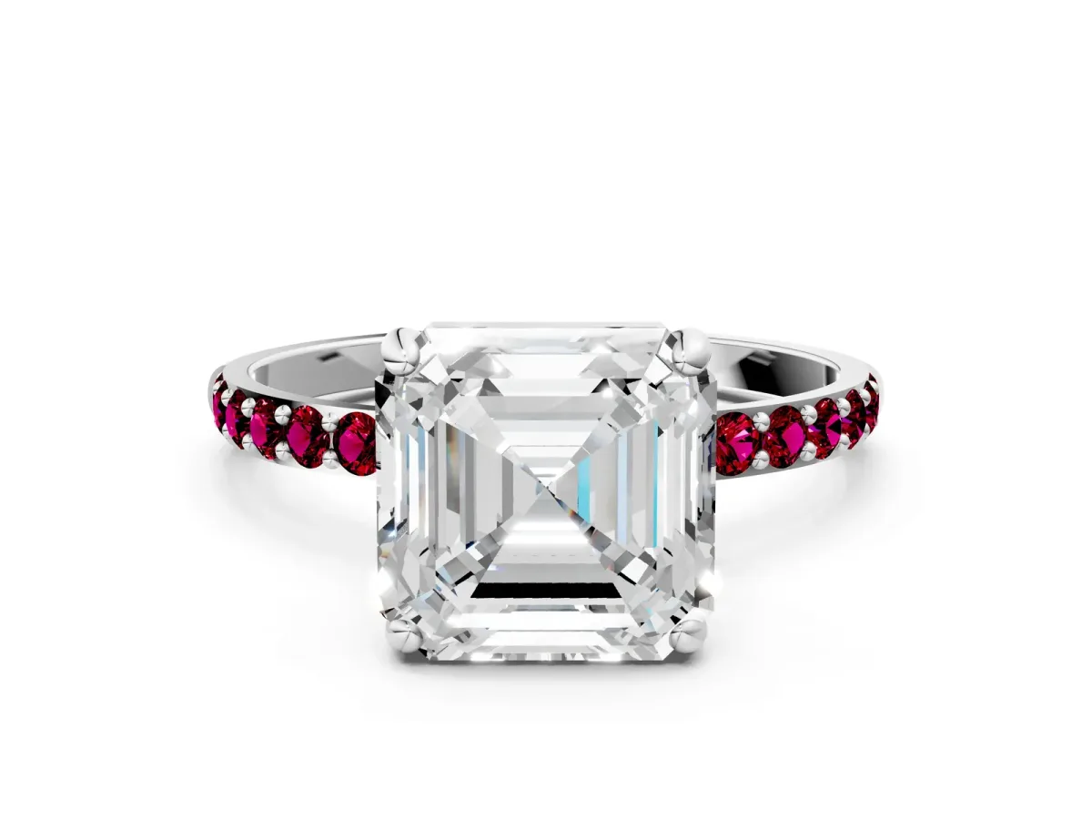 Asscher Cut Diamond Solitaire Ring with Round Garnet Pavé Band and Prong Setting Platinum