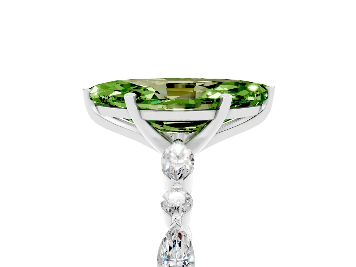 Marquise Cut Peridot Ring with Marquise and Round Side Stones and Four-Prong Setting Platinum