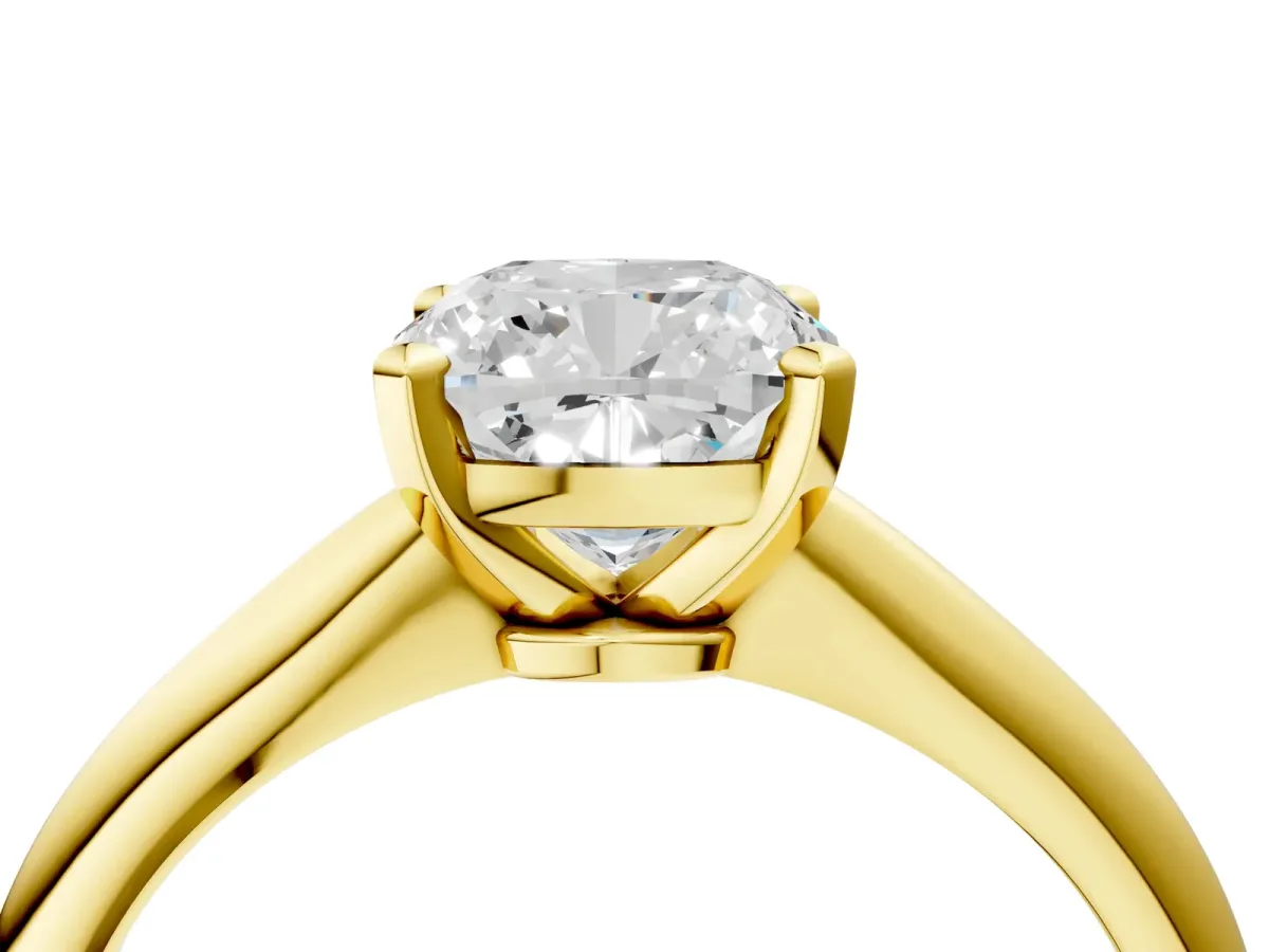 Cushion Cut Diamond Solitaire Engagement Ring with Classic Band and Four-Prong Setting Yellow gold