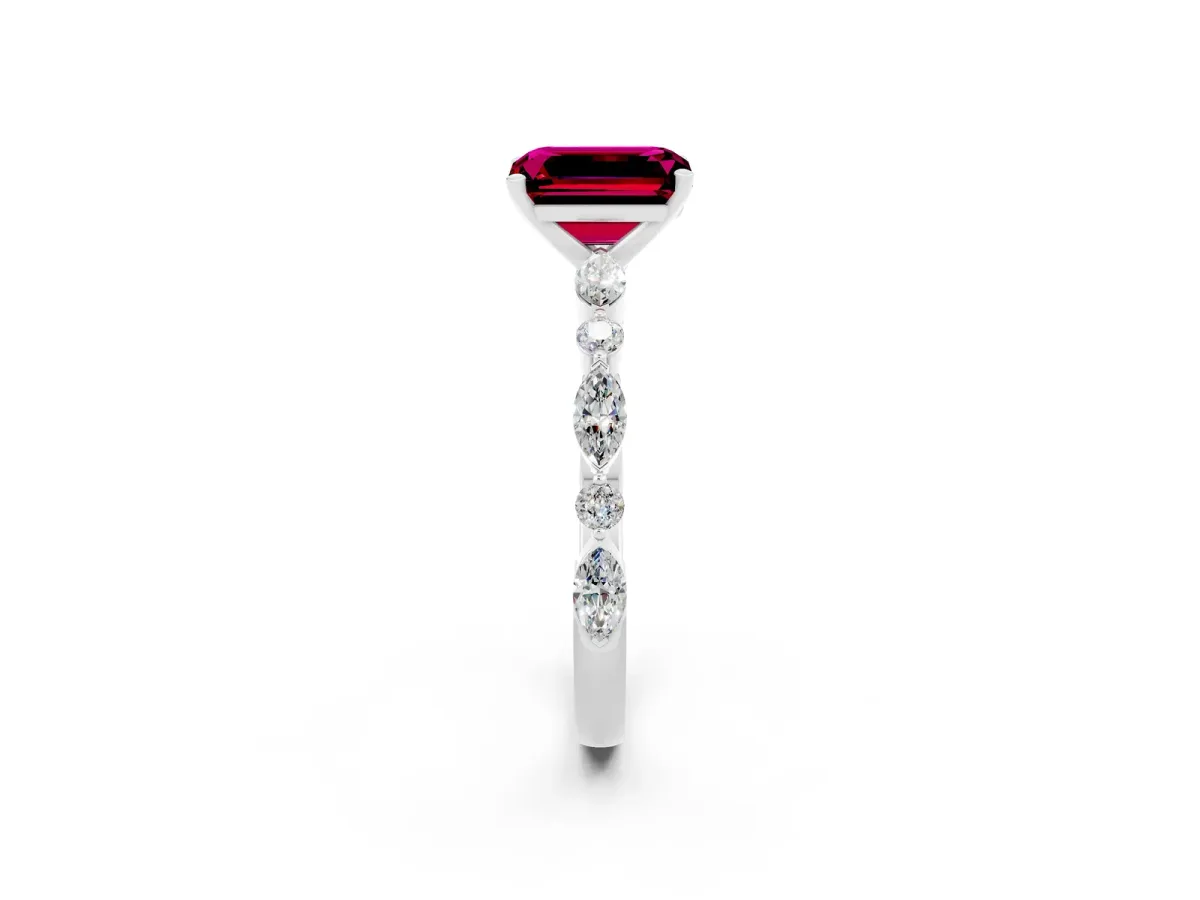 Emerald Cut Garnet Ring with Marquise and Round Side Stones and Four-Prong Setting Silver
