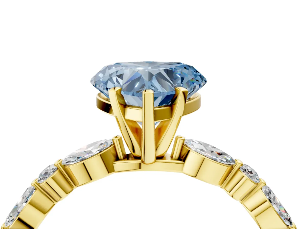 Fancy Blue Heart Cut Diamond Ring with Marquise and Round Side Stones and Four-Prong Setting Yellow gold