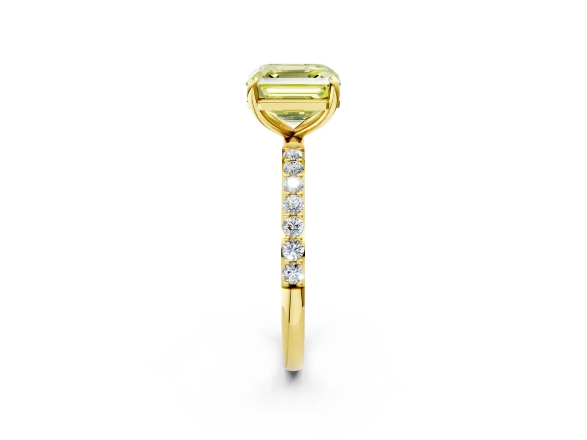 Fancy Yellow Asscher Cut Diamond Solitaire Ring with Round Pavé Band and Prong Setting Yellow gold