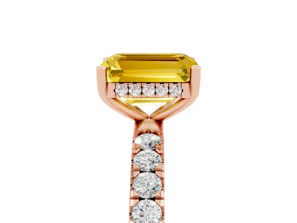 Emerald Cut Yellow Sapphire Pave Band Solitaire Ring with Round and Prong Setting Rose gold