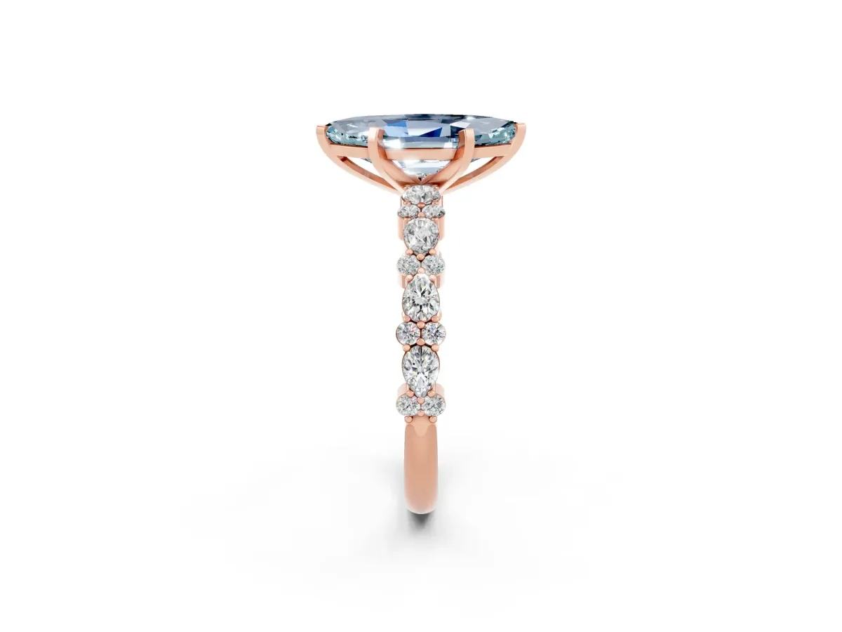 Marquise Cut Aquamarine Side Stone Solitaire Ring with Round and Four-Prong Setting Rose gold