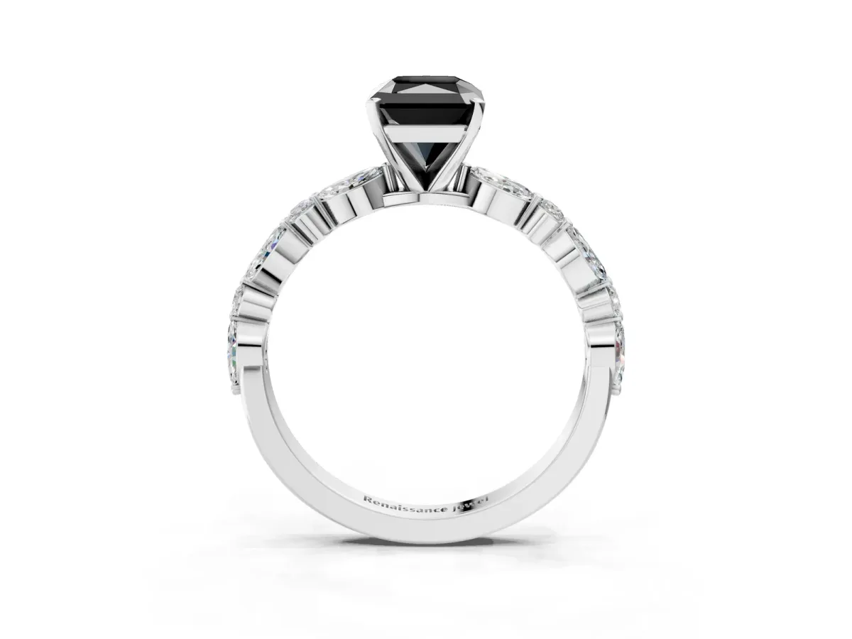 Fancy Black Radiant Cut Diamond Ring with Marquise and Round Side Stones and Four-Prong Setting Silver