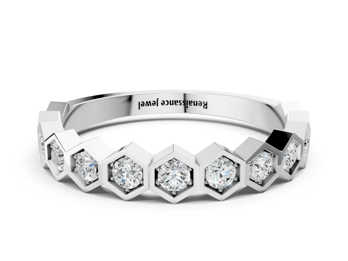 Hexagon Pave Diamond Eternity Band with Bezel Setting Platinum