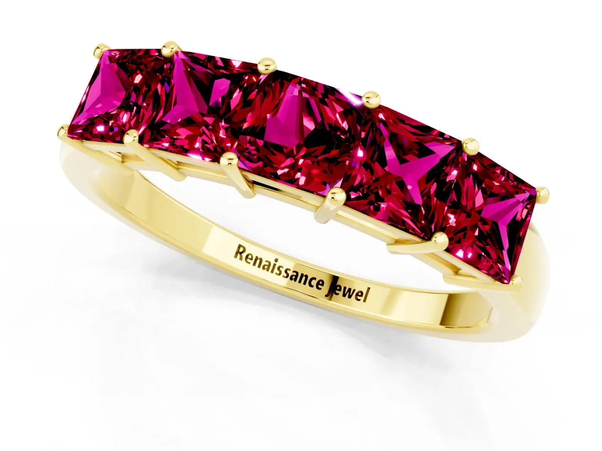 Princess Cut Five-Stone Garnet Band with Prong Setting Yellow gold
