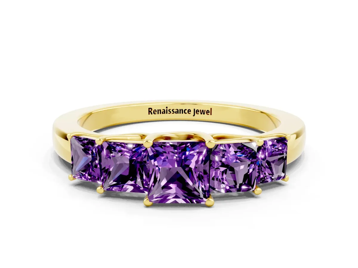 Princess Cut Five-Stone Amethyst Ring with Classic Prong Setting Yellow gold