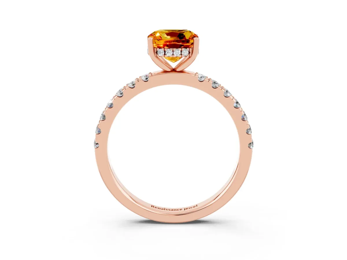 Cushion Cut Citrine Pave Band Solitaire Ring with Round and Prong Setting Rose gold