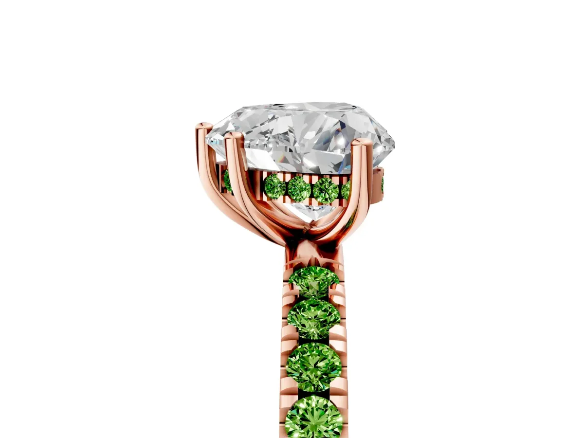 Heart Cut Diamond Pave Band Solitaire Ring with Round Peridot and Prong Setting Rose gold