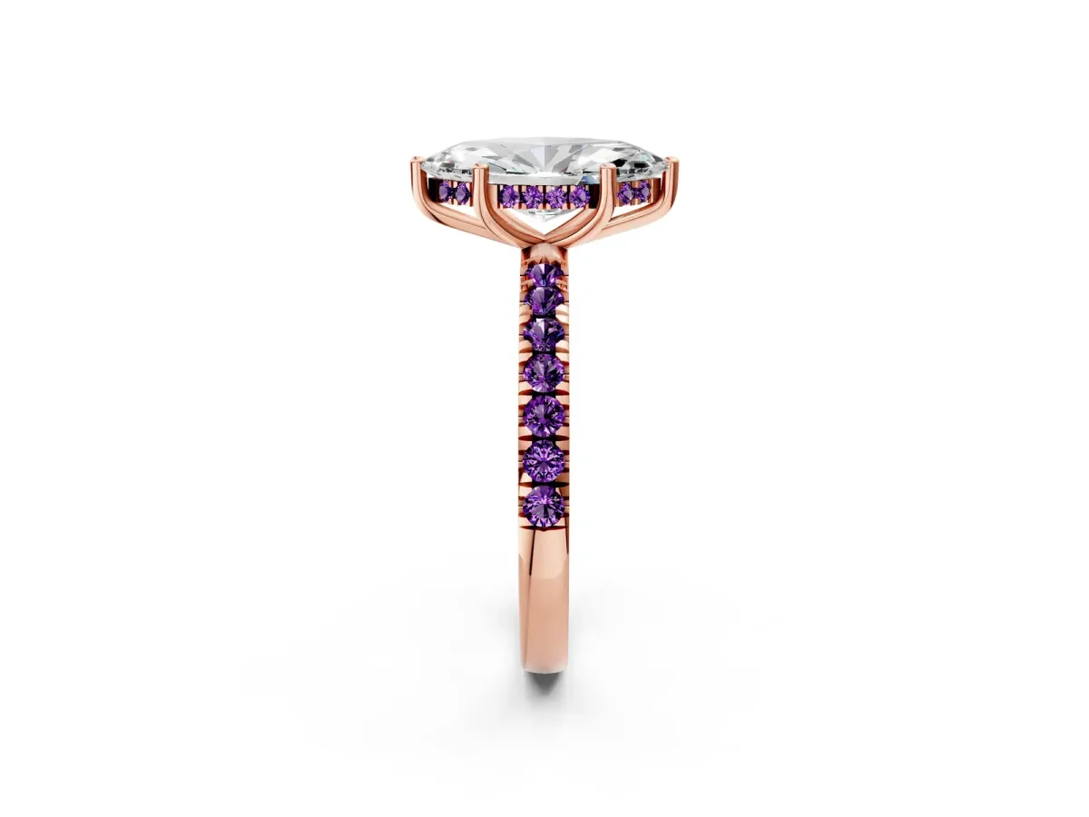 Marquise Cut Diamond Pave Band Solitaire Ring with Round Amethyst and Prong Setting Rose gold