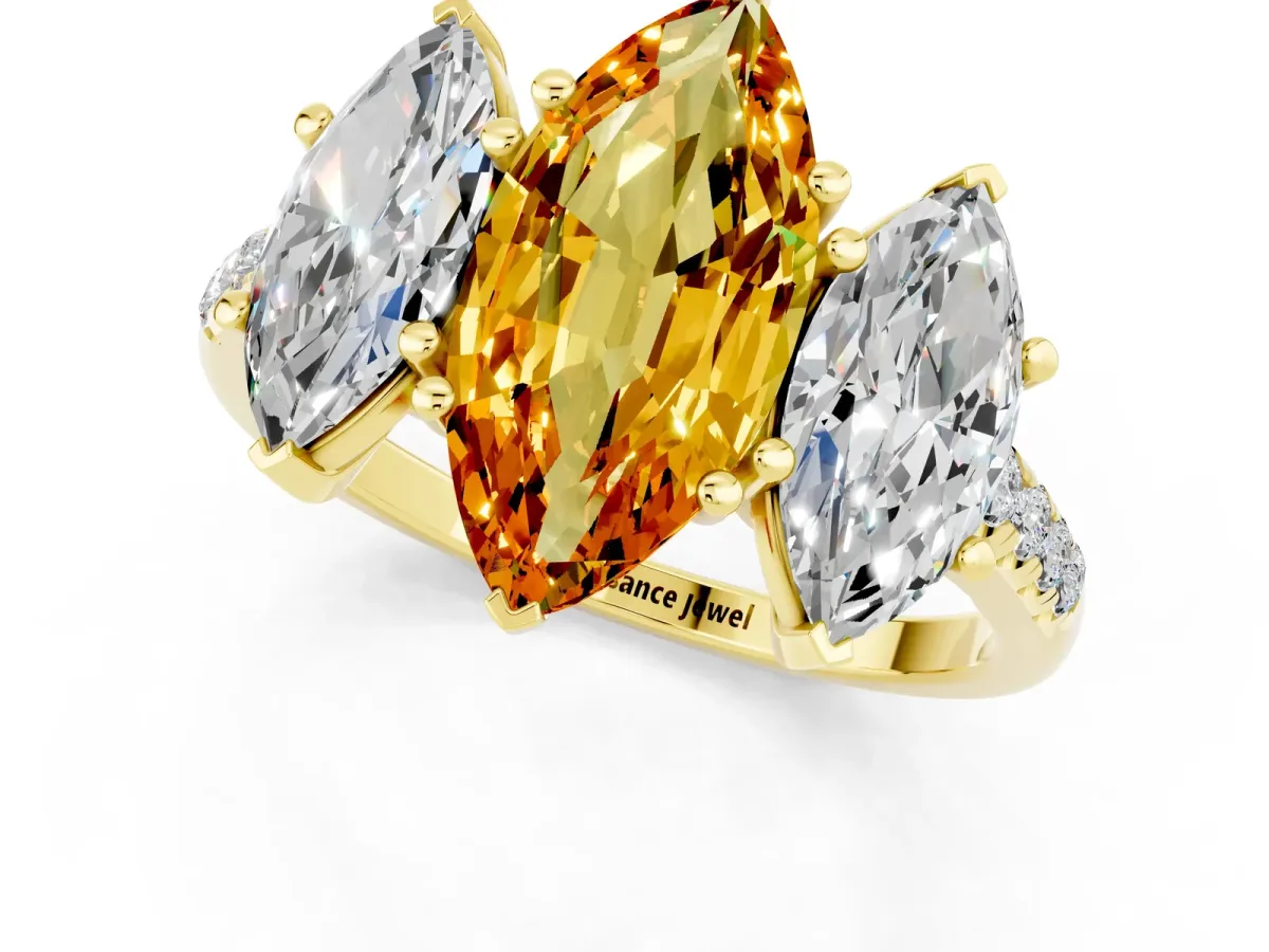 Three-Stone Marquise Cut Citrine Ring with Round Pavé Band and Prong Setting Yellow gold