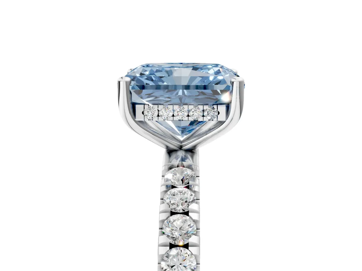 Fancy Blue Radiant Cut Diamond Pave Band Solitaire Ring with Round and Prong Setting Silver