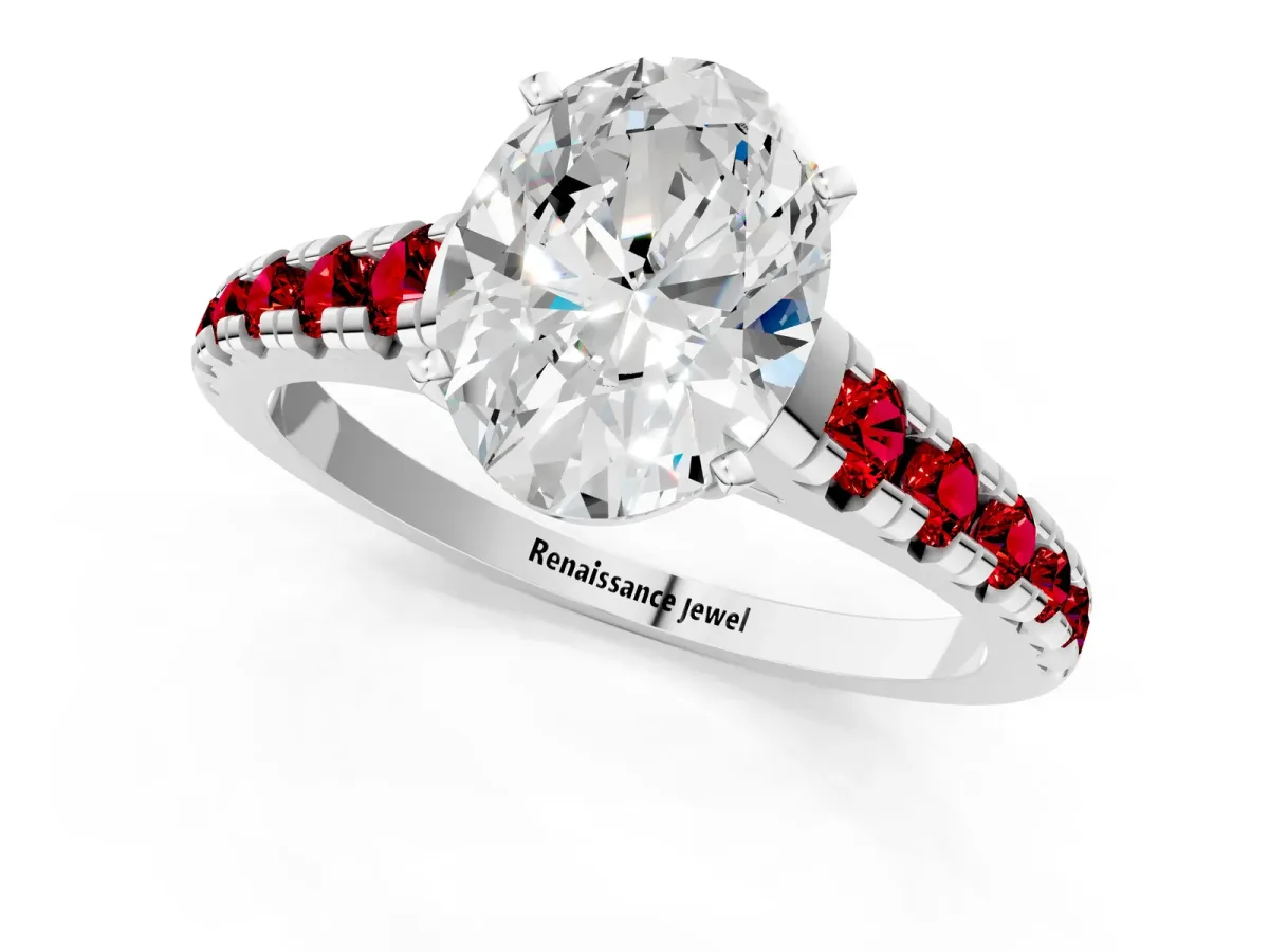 Oval Cut Diamond Cathedral Solitaire Ring with Round Ruby Pavé Band Silver