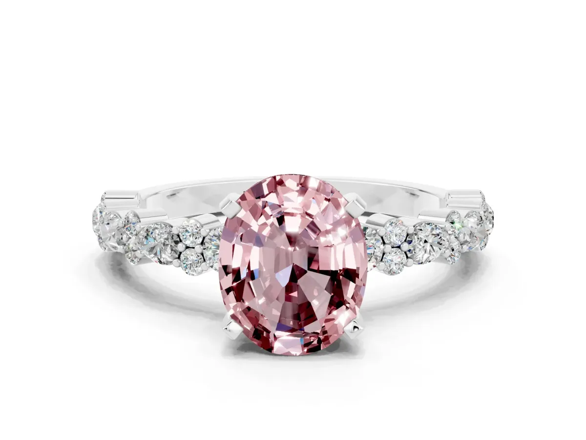 Oval Cut Morganite Side Stone Solitaire Ring with Round and Four-Prong Setting Silver