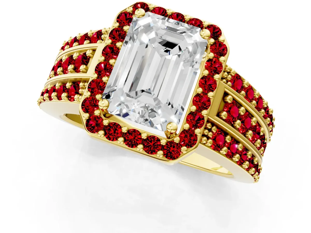 Emerald Cut Halo Diamond Ring with Round Ruby Split Shank and Prong Setting Yellow gold