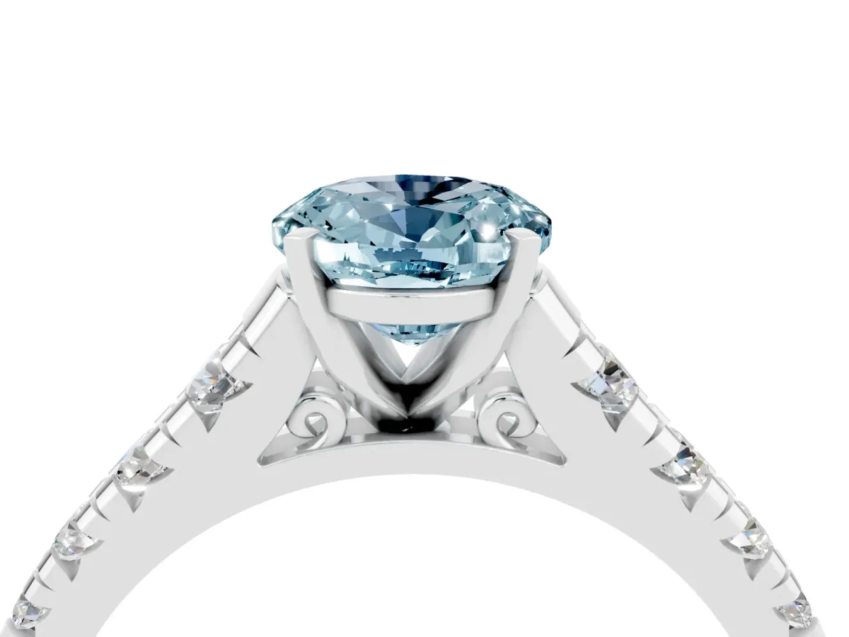 Oval Cut Aquamarine Cathedral Solitaire Ring with Round Pavé Band White gold