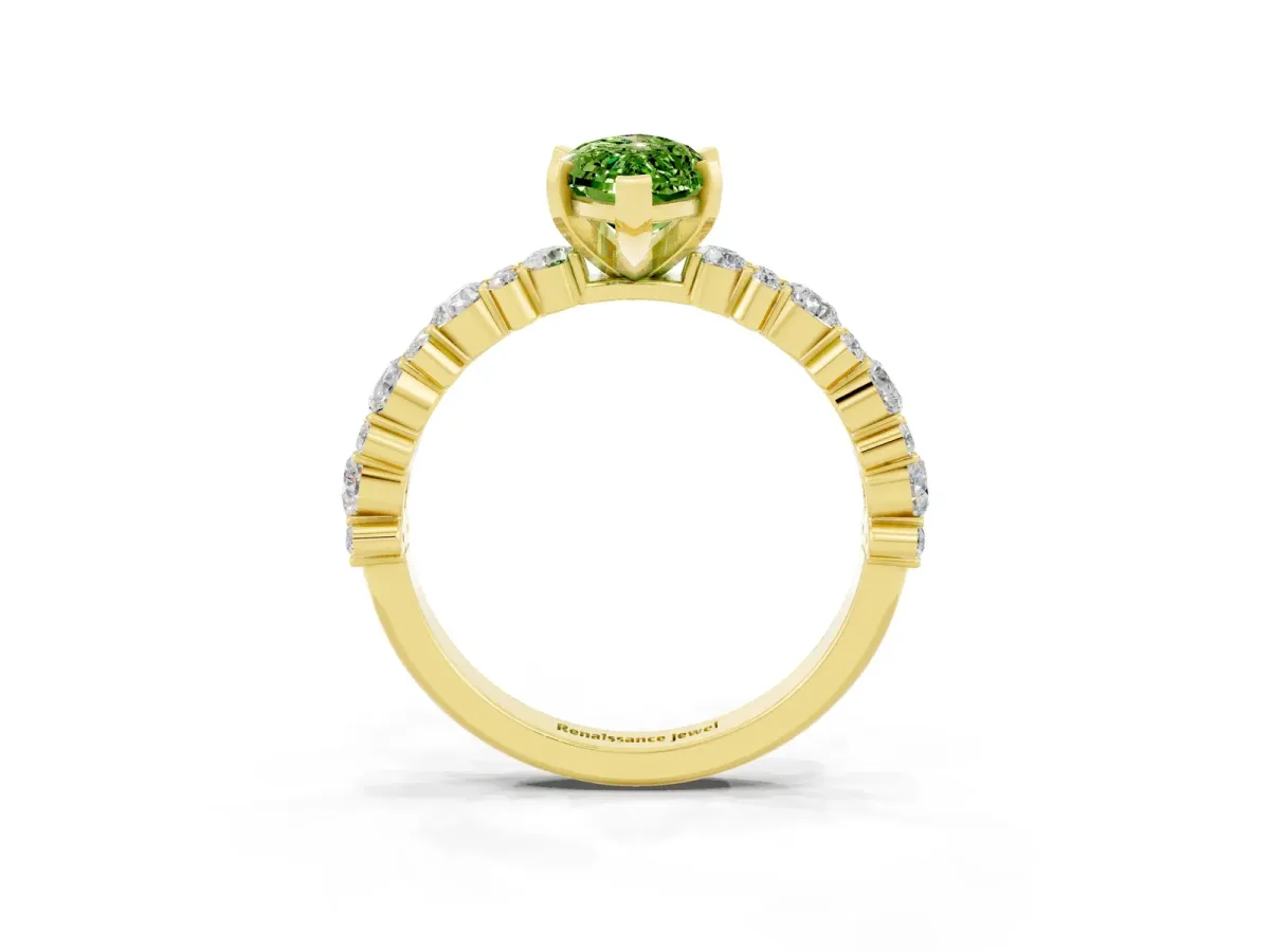 Marquise Cut Peridot Side Stone Solitaire Ring with Round and Four-Prong Setting Yellow gold