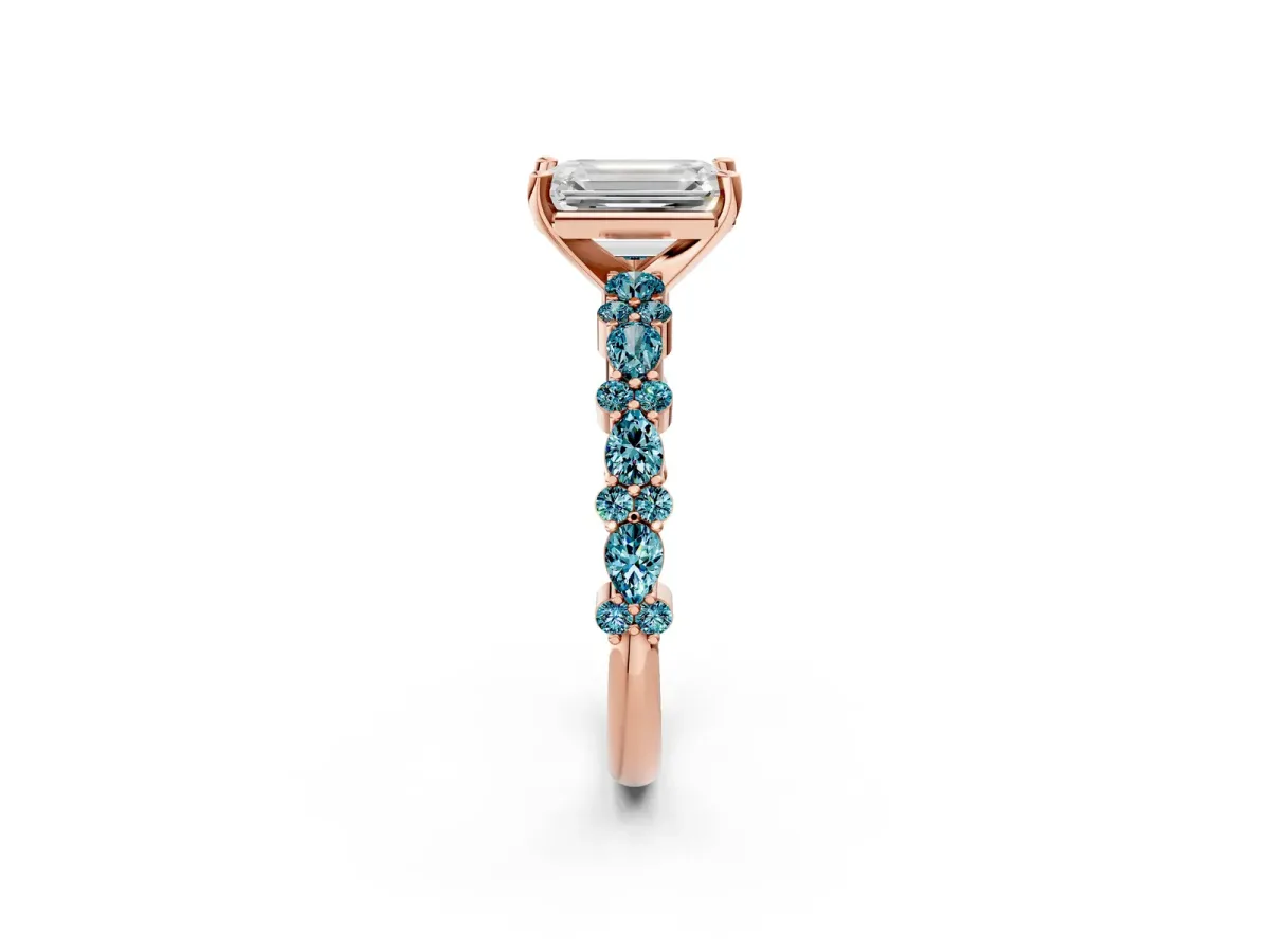 Emerald Cut Diamond Side Stone Solitaire Ring with Round Blue Topaz and Four-Prong Setting Rose gold