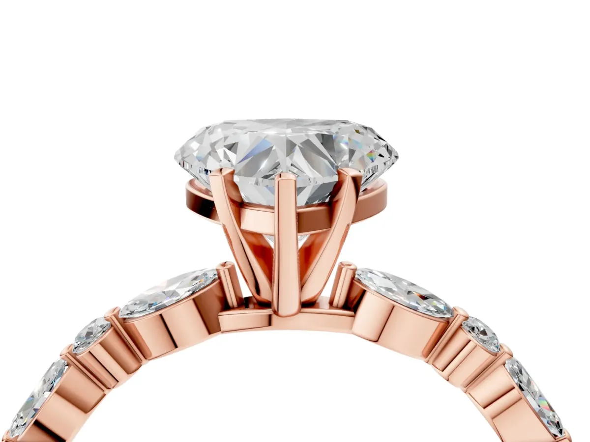 Heart Cut Diamond Ring with Marquise and Round Side Stones and Four-Prong Setting Rose gold