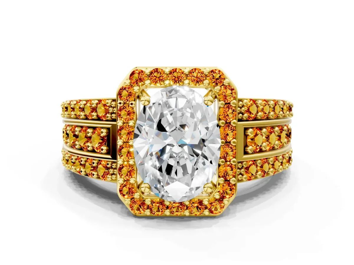 Oval Cut Halo Diamond Ring with Round Citrine Split Shank and Prong Setting Yellow gold