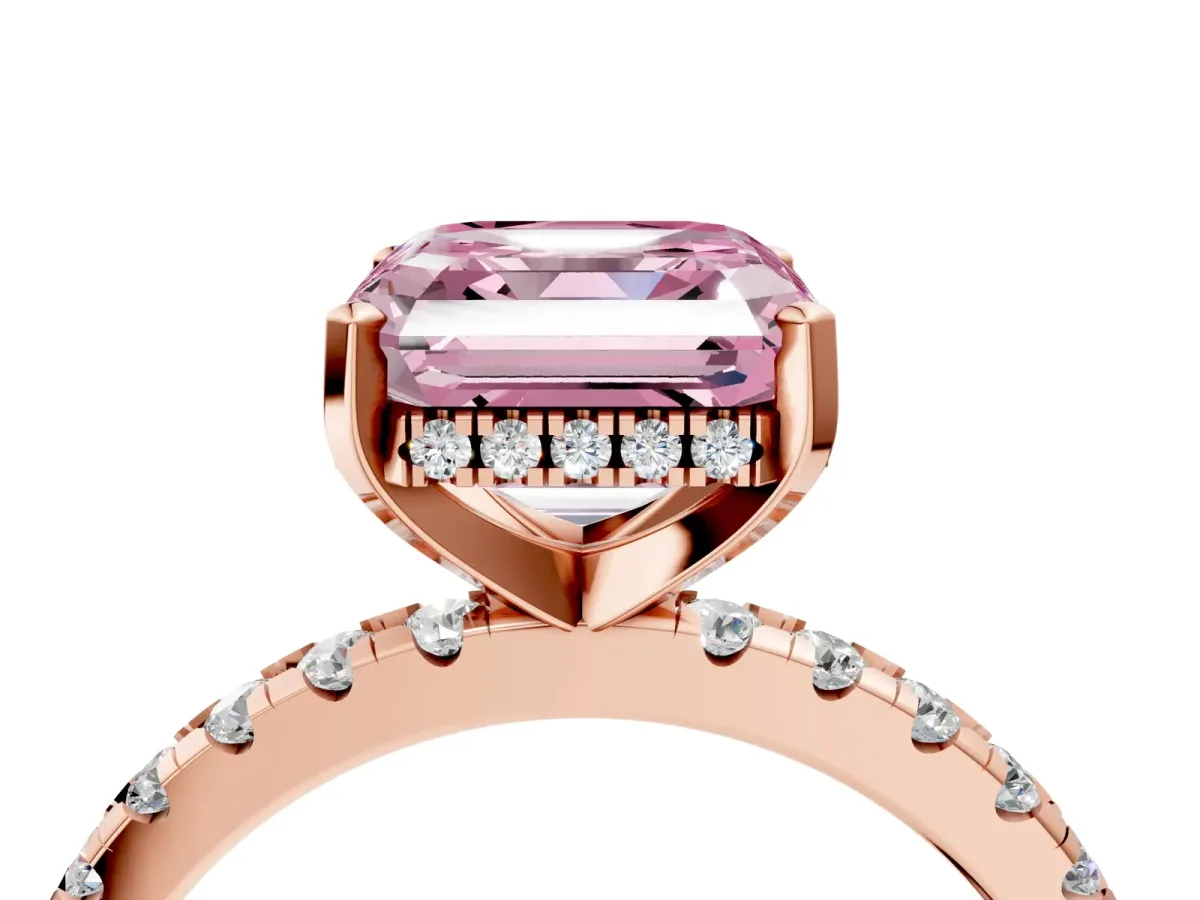 Fancy Pink Asscher Cut Diamond Solitaire Ring with Round Pavé Band and Four-Prong Setting Rose gold