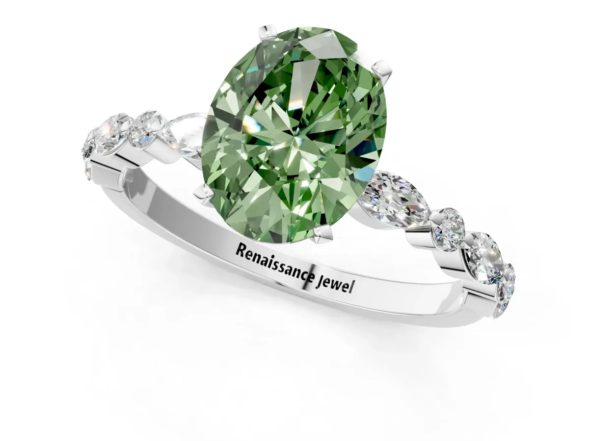 Fancy Green Oval Cut Diamond Ring with Marquise and Round Side Stones and Four-Prong Setting Platinum