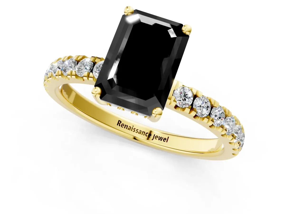 Fancy Black Emerald Cut Diamond Pave Band Solitaire Ring with Round and Prong Setting Yellow gold