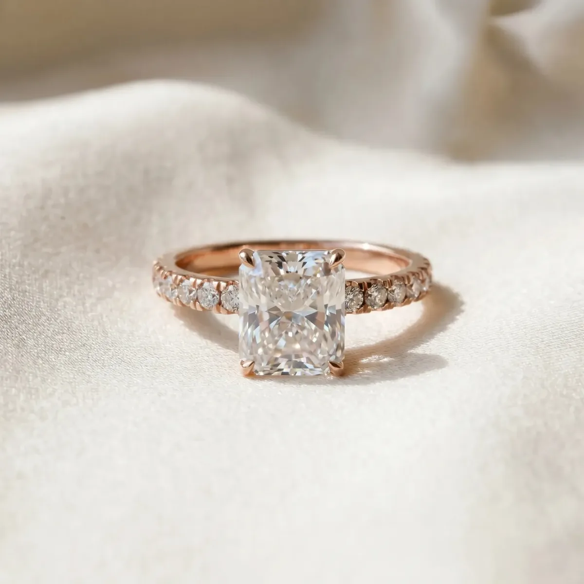 Radiant Cut Diamond Pave Band Solitaire Ring with Round and Prong Setting Rose gold
