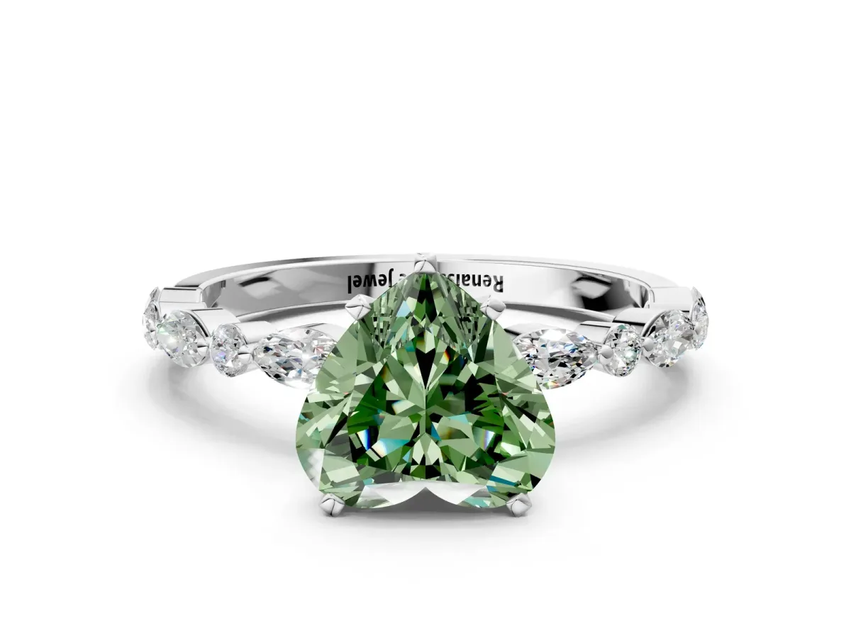 Fancy Green Heart Cut Diamond Ring with Marquise and Round Side Stones and Four-Prong Setting Silver