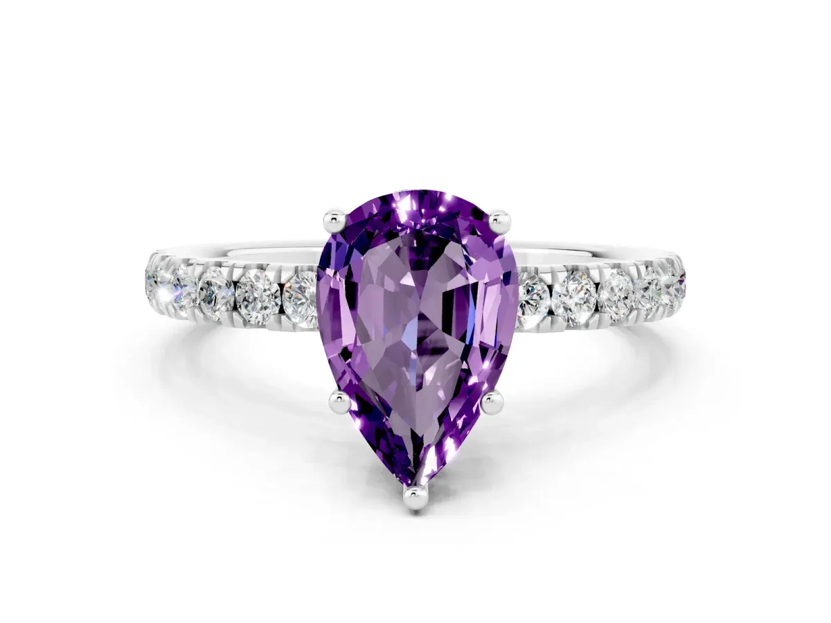 Pear Cut Amethyst Pave Band Solitaire Ring with Round and Prong Setting White gold