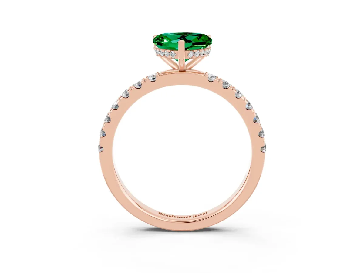 Heart Cut Emerald Pave Band Solitaire Ring with Round and Prong Setting Rose gold