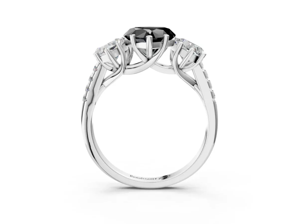 Fancy Black Three-Stone Heart Cut Diamond Ring with Round Pavé Band and Prong Setting Silver