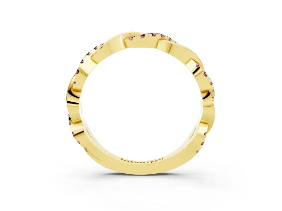 Pavé Round Morganite Twist Eternity Band with Shared Prong Setting Yellow gold