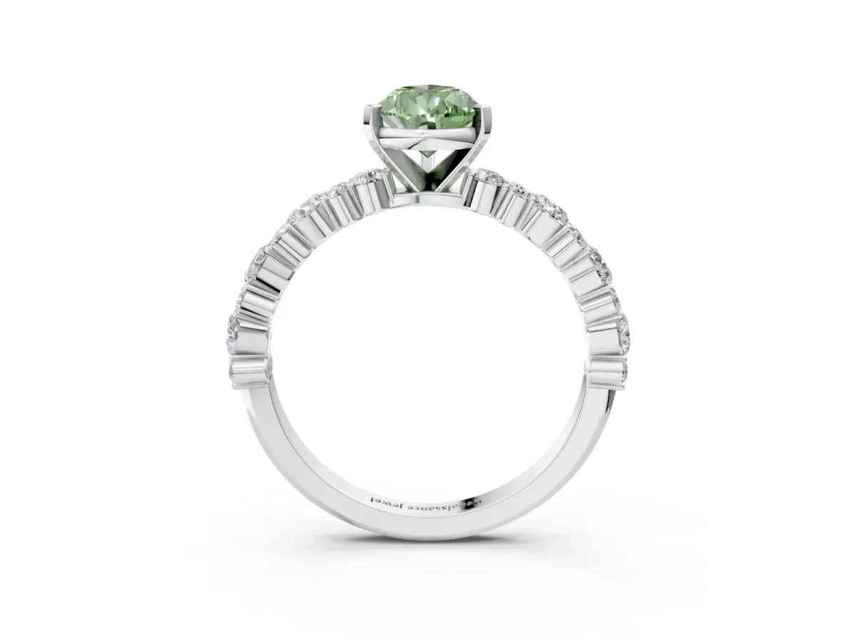 Fancy Green Pear Cut Diamond Side Stone Solitaire Ring with Round and Four-Prong Setting Platinum