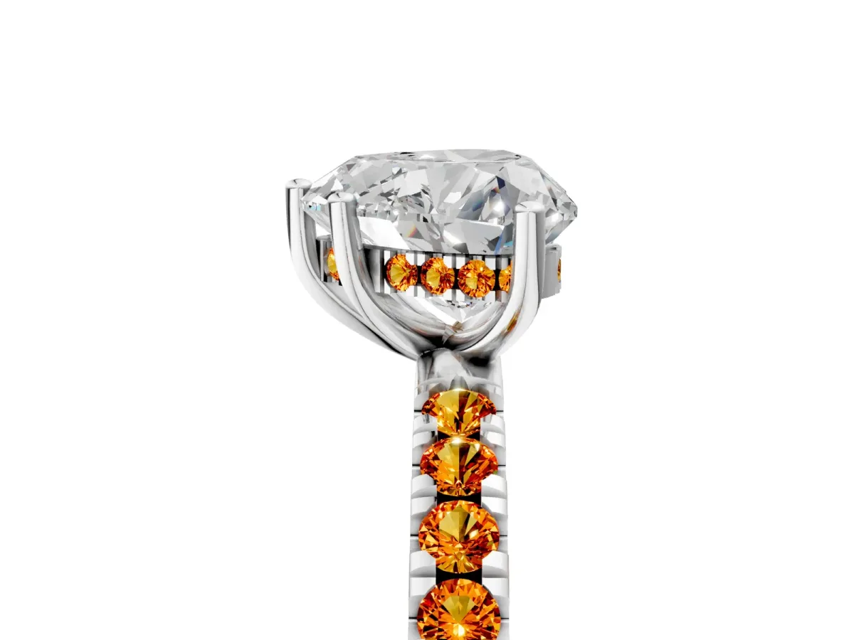 Heart Cut Diamond Pave Band Solitaire Ring with Round Citrine and Prong Setting Platinum