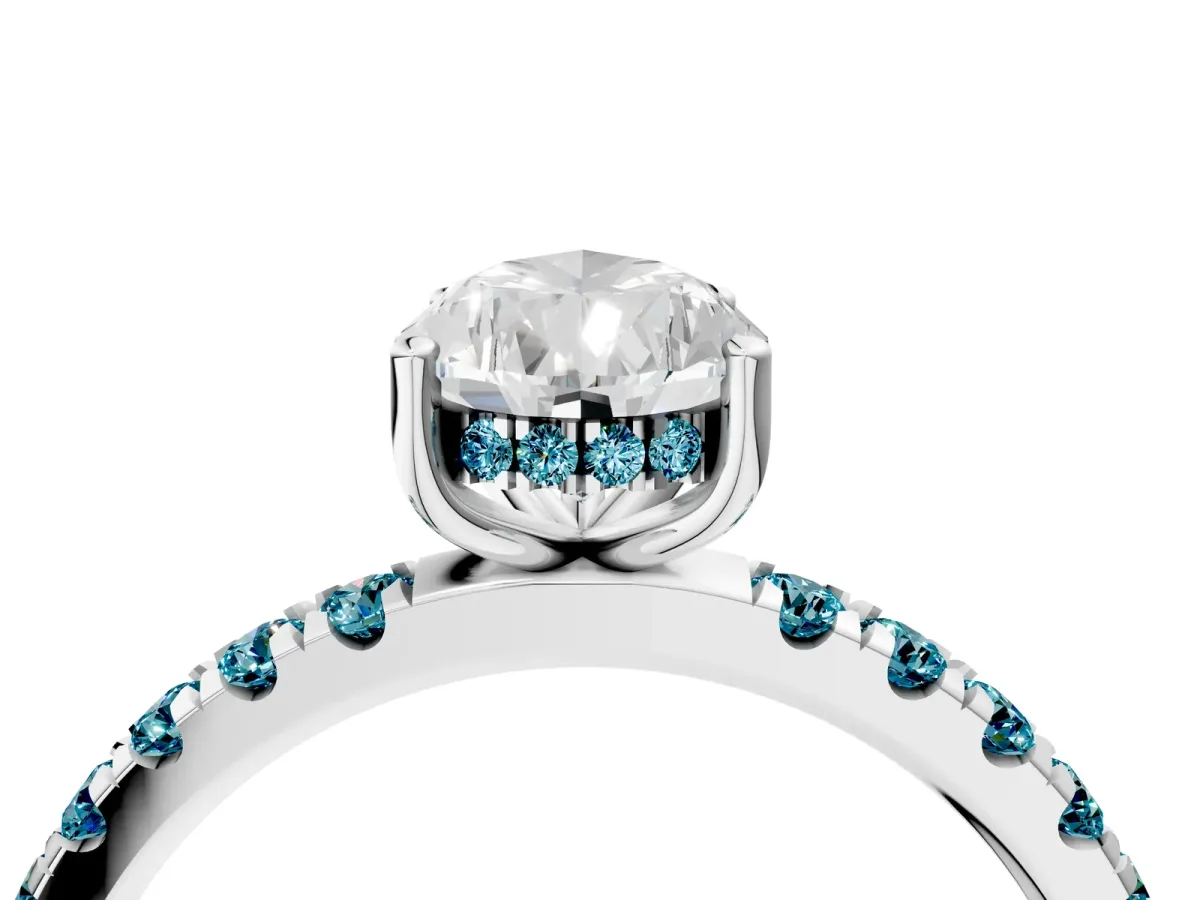 Pear Cut Diamond Pave Band Solitaire Ring with Round Blue Topaz and Prong Setting Platinum