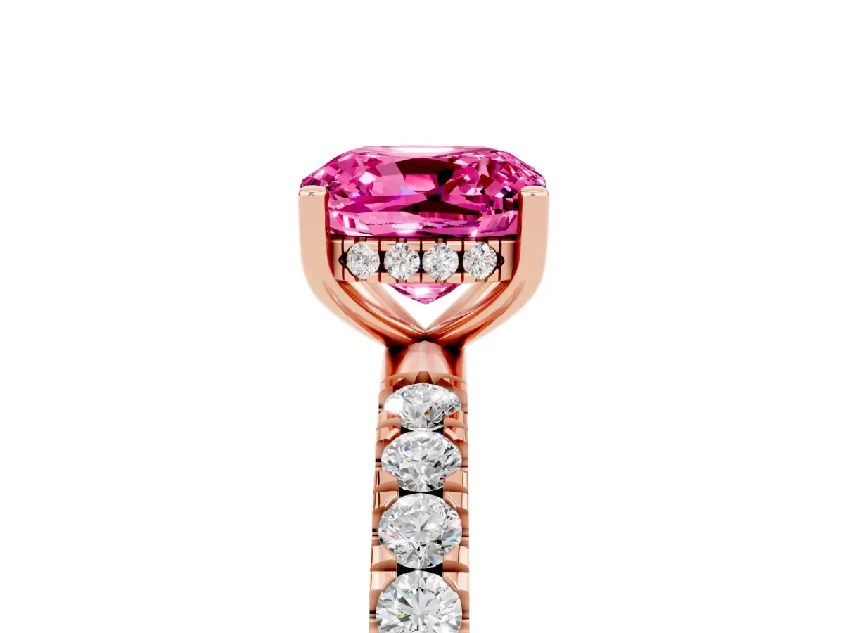 Cushion Cut Pink Sapphire Pave Band Solitaire Ring with Round and Prong Setting Rose gold