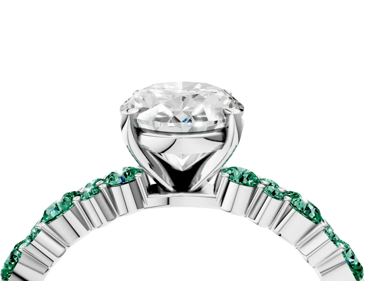 Oval Cut Diamond Side Stone Solitaire Ring with Round Green Sapphire and Four-Prong Setting White gold