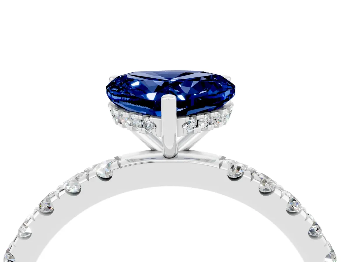 Heart Cut Blue Sapphire Pave Band Solitaire Ring with Round and Prong Setting Platinum