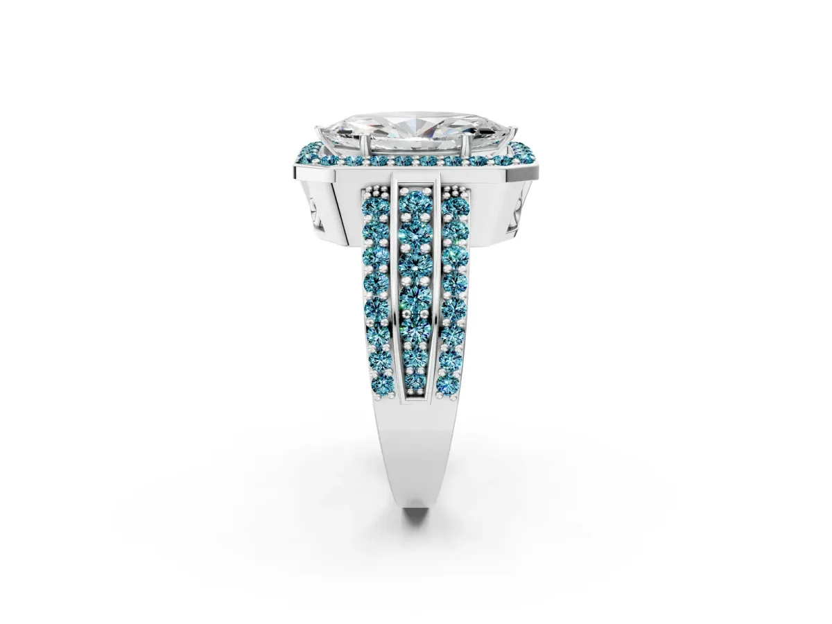 Marquise Cut Halo Diamond Ring with Round Blue Topaz Split Shank and Prong Setting Silver