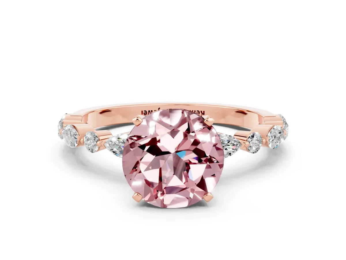 Round Cut Morganite Ring with Marquise and Round Side Stones and Four-Prong Setting Rose gold