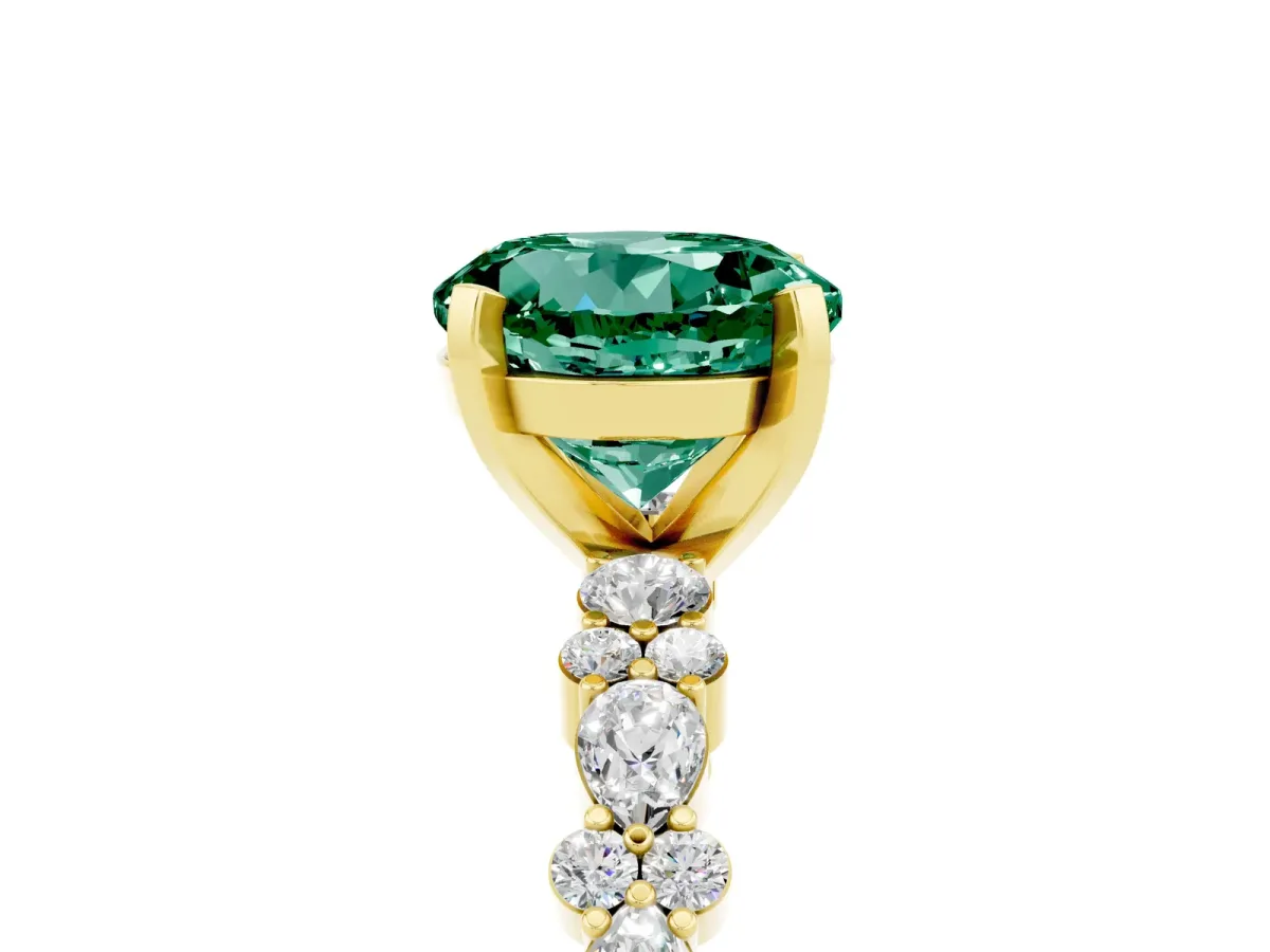 Round Cut Green Sapphire Side Stone Solitaire Ring with Round and Four-Prong Setting Yellow gold