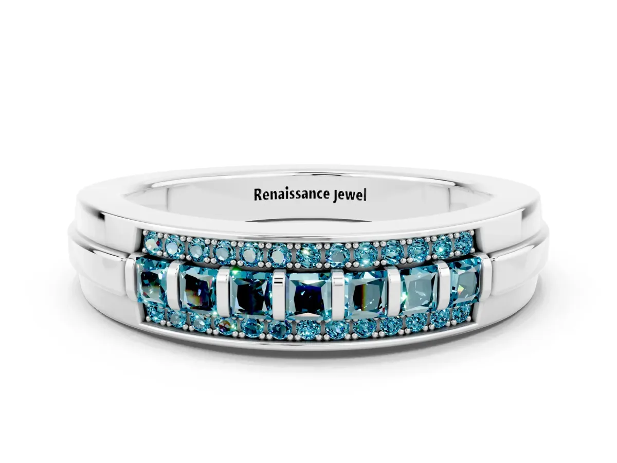 Bar-Set Princess Cut Blue Topaz Pavé Band Silver