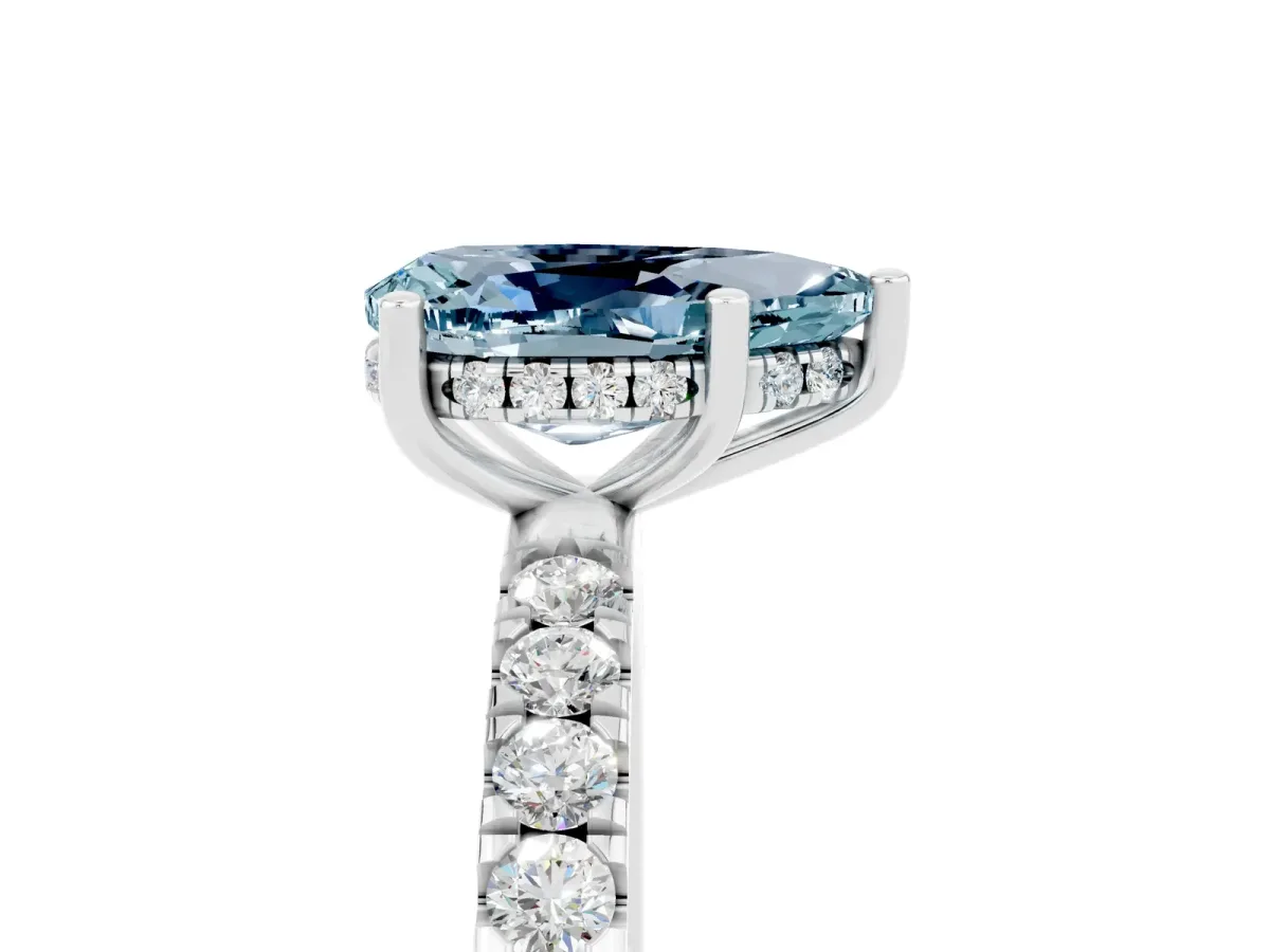 Pear Cut Aquamarine Pave Band Solitaire Ring with Round and Prong Setting White gold