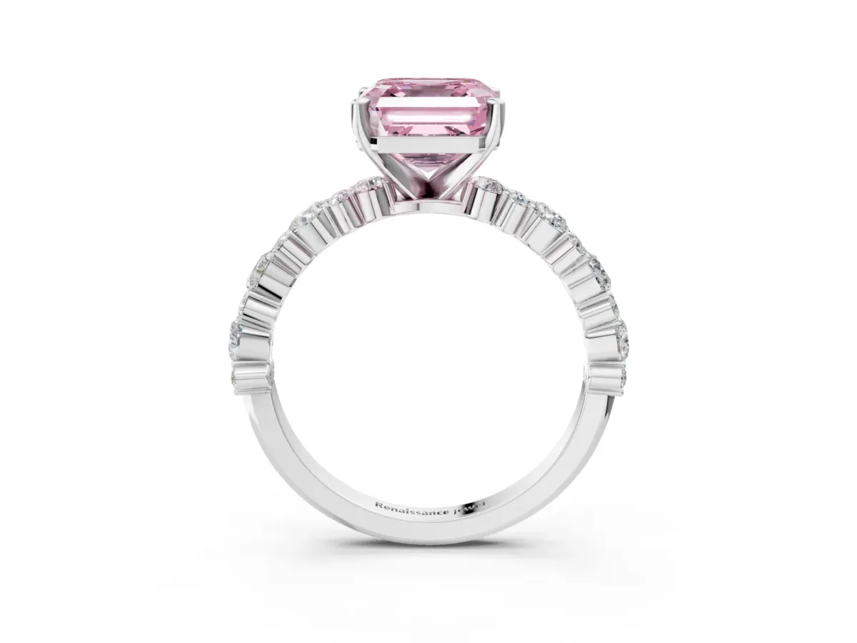 Fancy Pink Asscher Cut Diamond Side Stone Solitaire Ring with Round and Four-Prong Setting Platinum