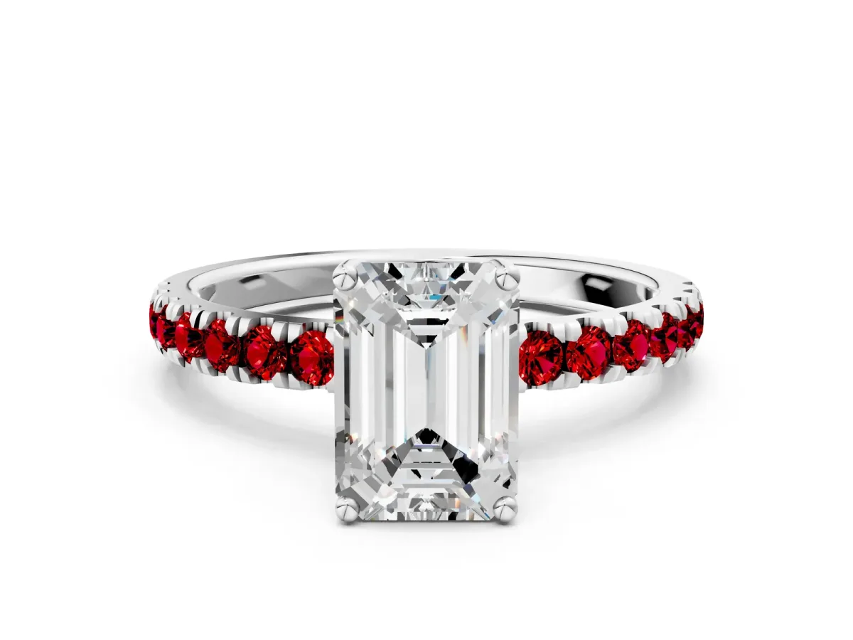 Emerald Cut Diamond Pave Band Solitaire Ring with Round Ruby and Prong Setting Platinum