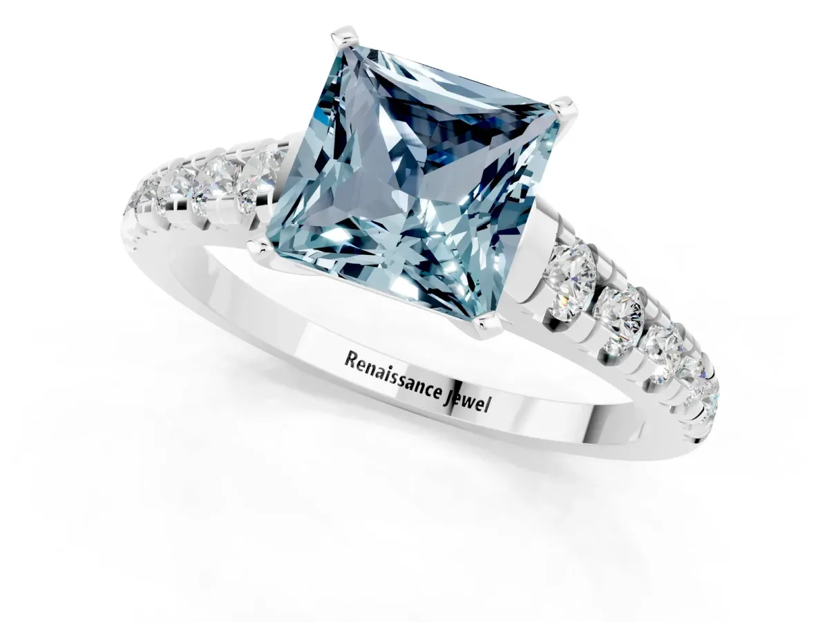 Princess Cut Aquamarine Cathedral Solitaire Ring with Round Pavé Band Silver